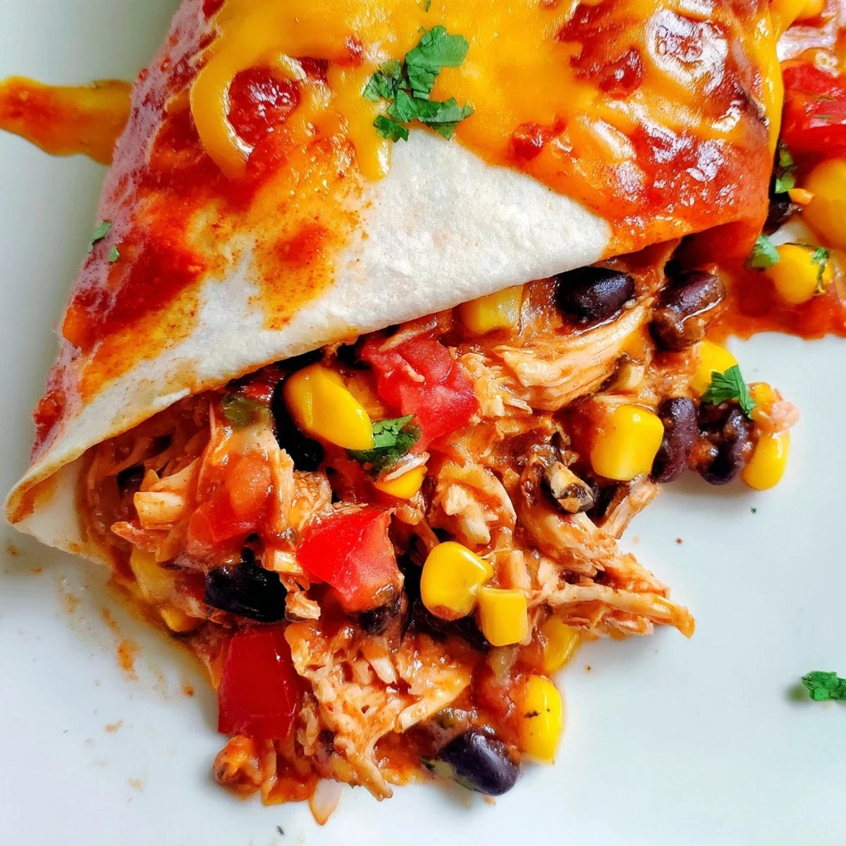 Golden chicken enchiladas bubbling with melted cheese and zesty red sauce in a baking dish