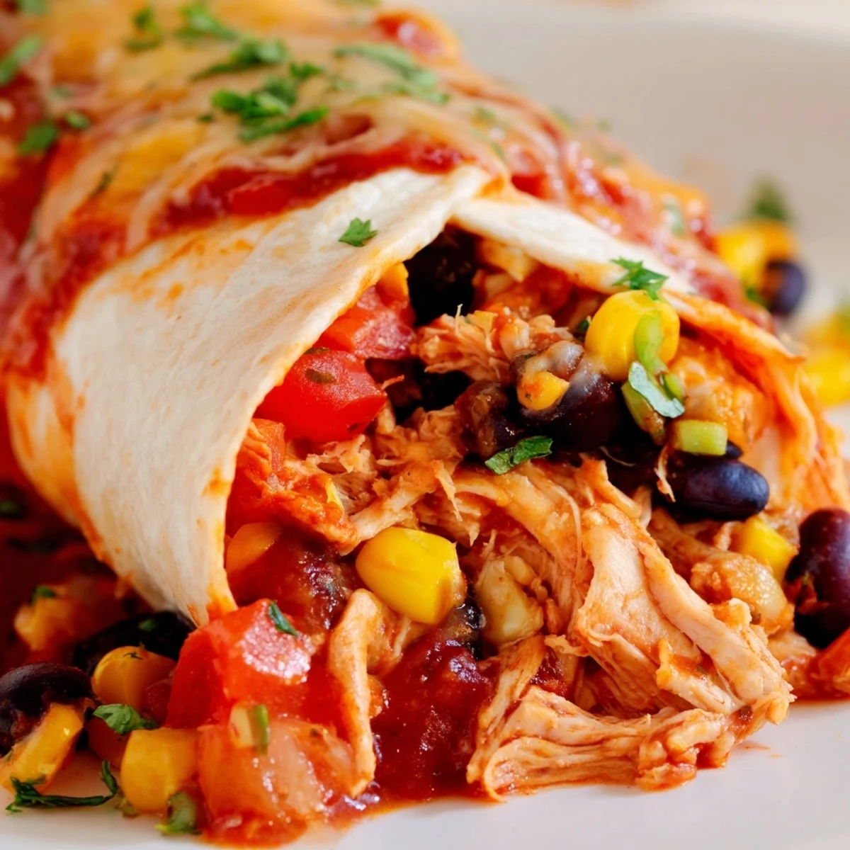Rolled flour tortillas filled with seasoned shredded chicken topped with spicy enchilada sauce and gooey cheese