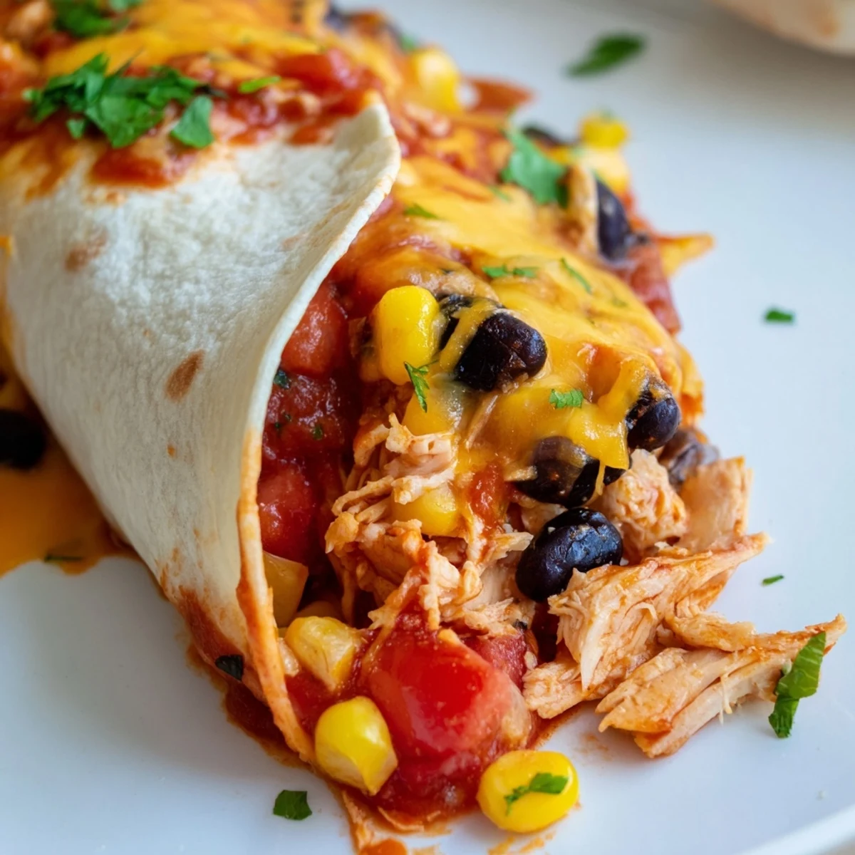 Baked chicken enchiladas garnished with fresh cilantro and jalapeño slices after bubbling in the oven