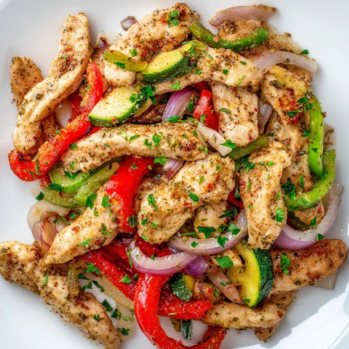 Golden Mediterranean chicken stir fry with colorful bell peppers zucchini and red onion in a skillet