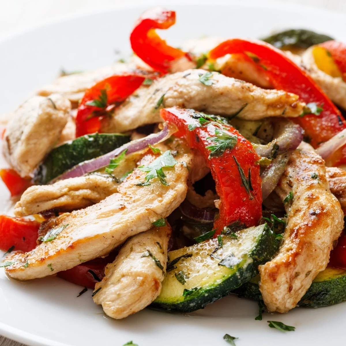 Tender chicken pieces sautéed with fresh Mediterranean vegetables in this easy healthy stir fry recipe