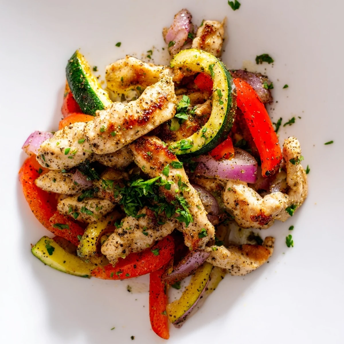 Vibrant gluten-free Mediterranean chicken stir fry loaded with crisp veggies and aromatic oregano seasoning
