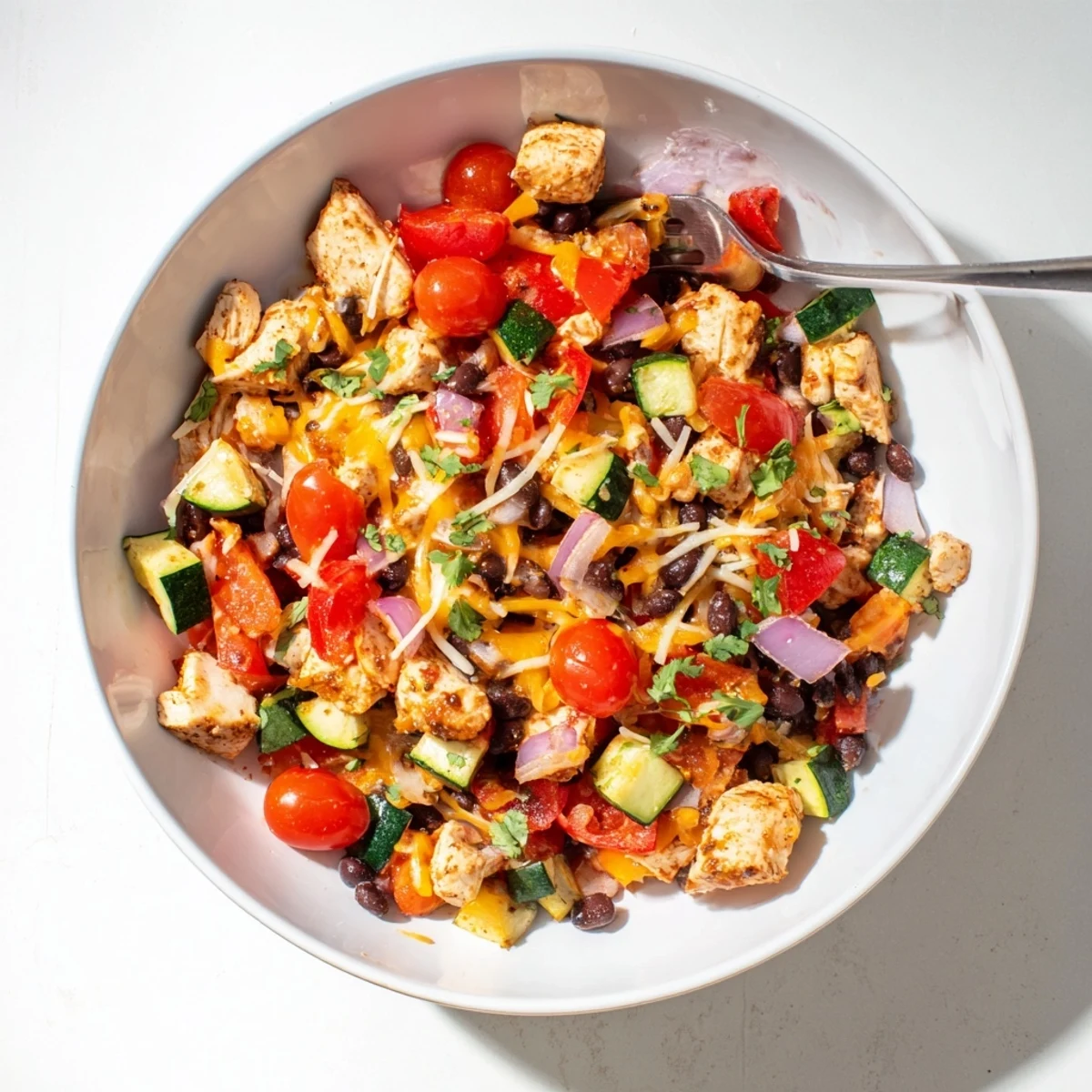 One-pan Tex Mex chicken and zucchini dinner topped with melted cheese and fresh cilantro