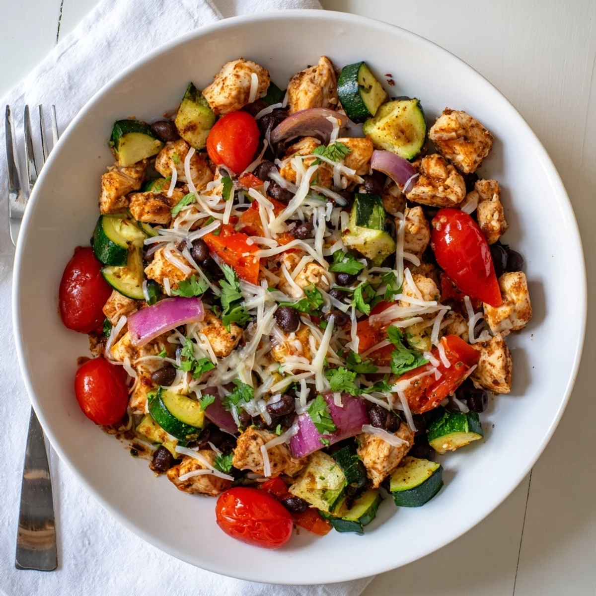 Golden cheesy Tex Mex chicken and zucchini skillet with colorful peppers and black beans
