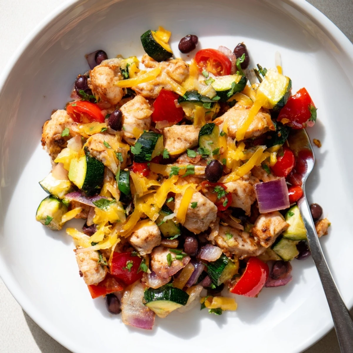 Vibrant Tex Mex chicken and zucchini sauté featuring juicy tomatoes beans and spicy seasoning