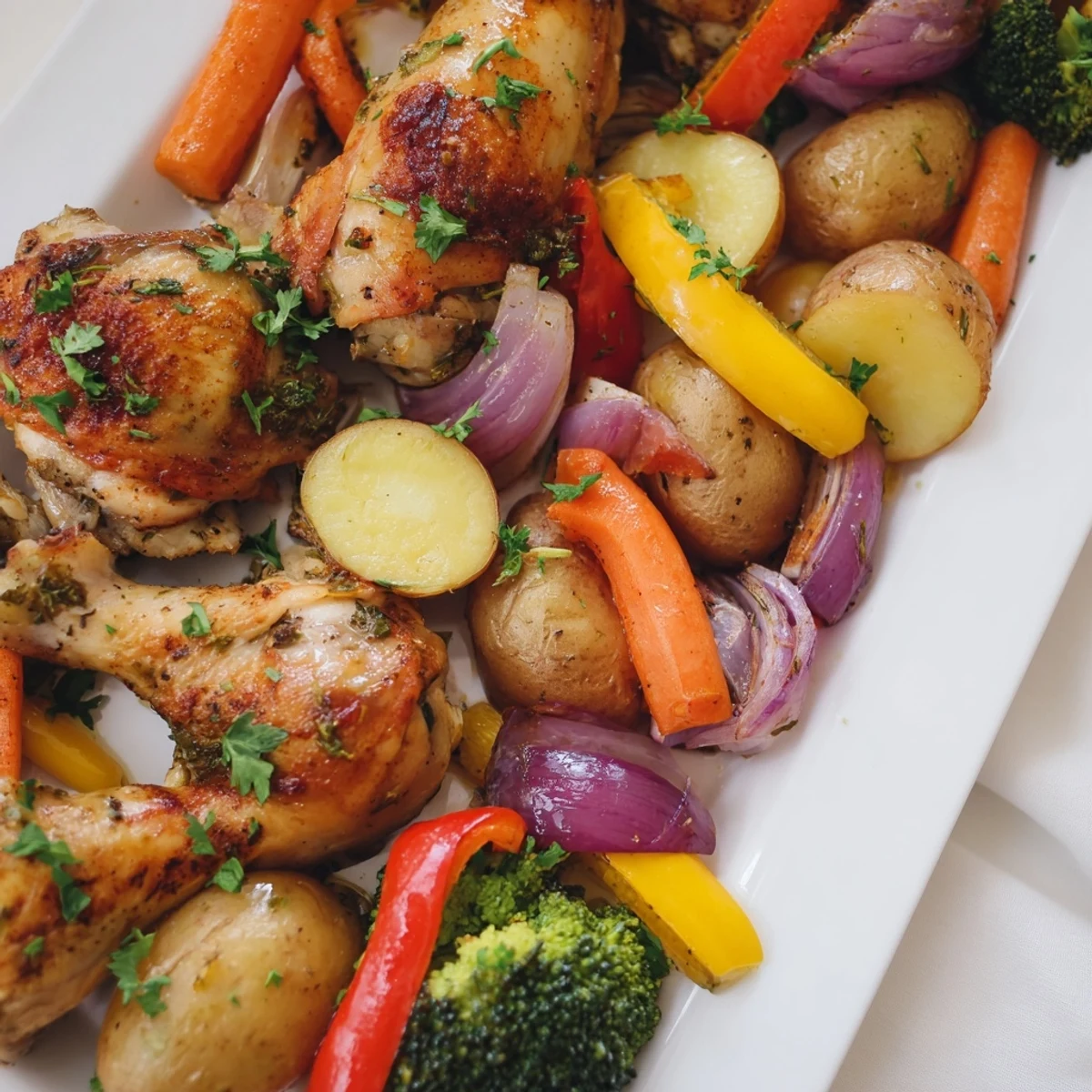 Golden roasted lemon herb chicken breasts nestled alongside colorful baby potatoes, bell peppers, and tender broccoli florets on a parchment-lined sheet pan