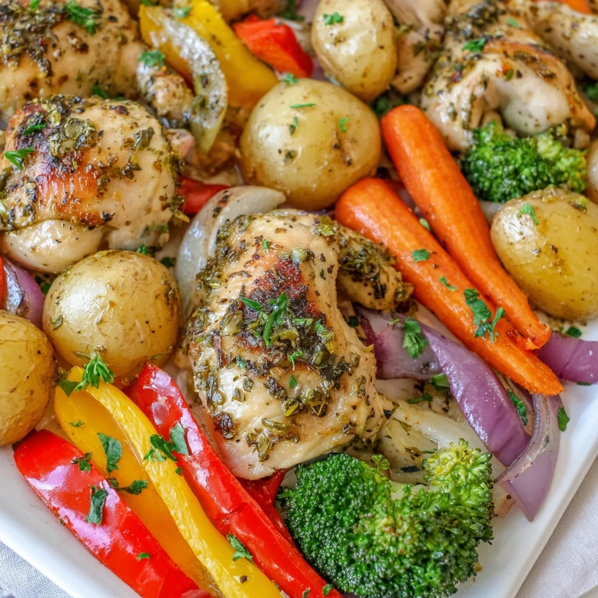 Zesty lemon garlic marinated chicken arranged with vibrant roasted vegetables including carrots, red onions, and peppers for an easy one-pan dinner