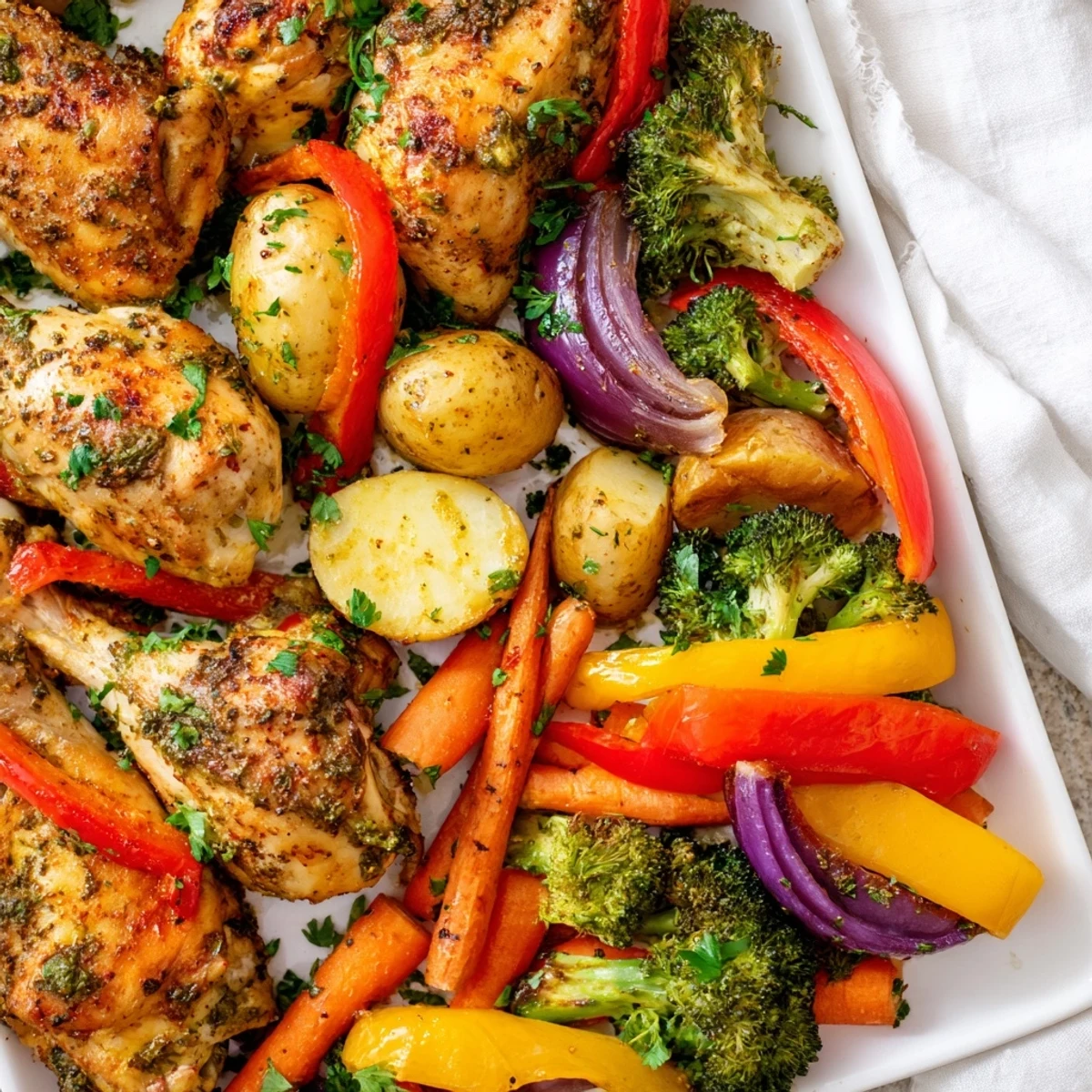 Herb seasoned chicken and colorful vegetables freshly roasted to golden perfection, garnished with parsley and served with bright lemon wedges