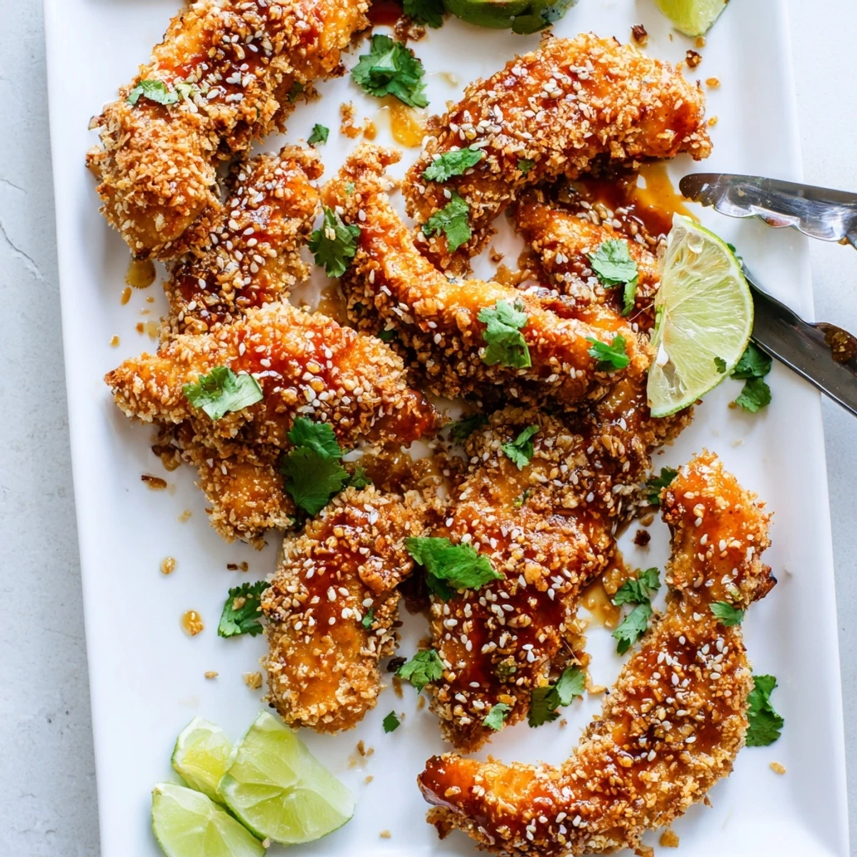 Baked chicken tenders coated in crunchy panko breadcrumbs tossed in a tangy Thai chili honey glaze
