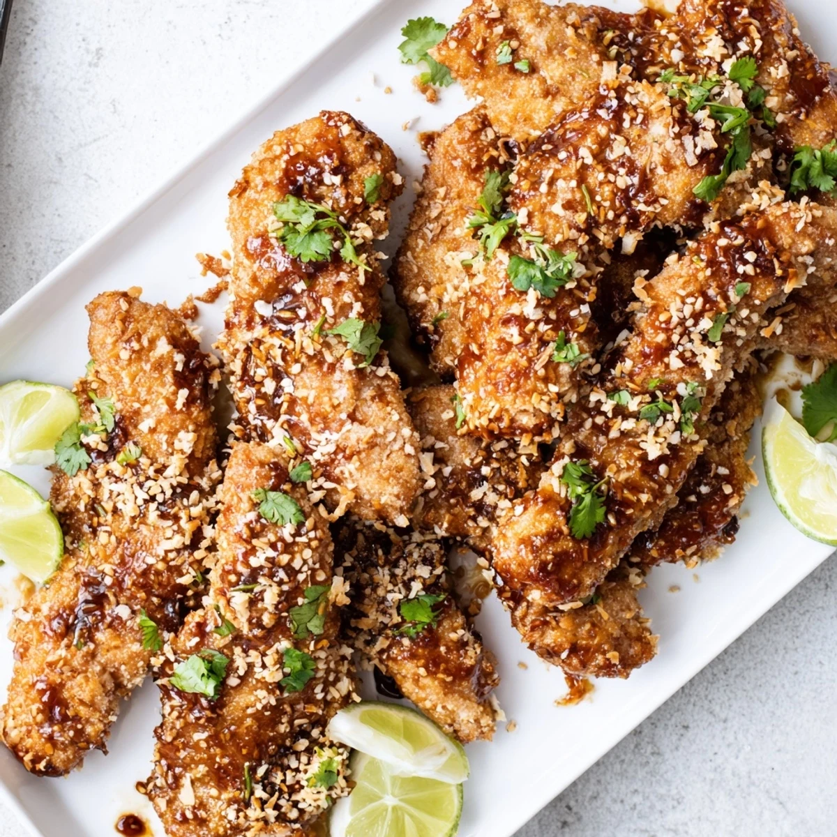 Golden crispy Thai sticky chicken fingers glazed in sweet spicy red sauce and garnished with fresh cilantro and sesame seeds