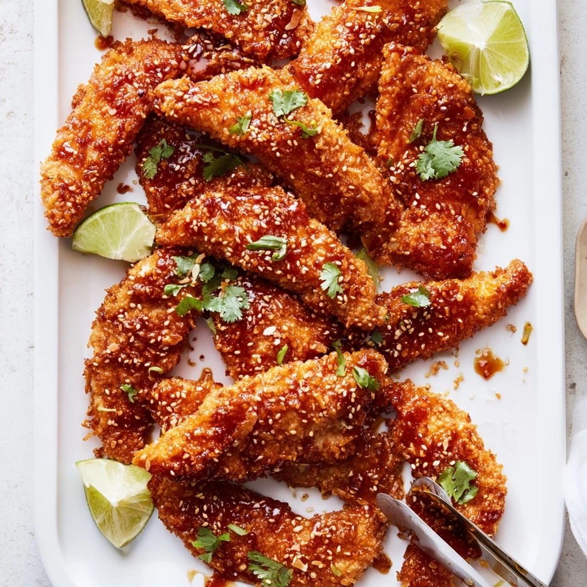 Homemade Thai sticky chicken fingers arranged on a serving platter with lime wedges and toasted sesame topping