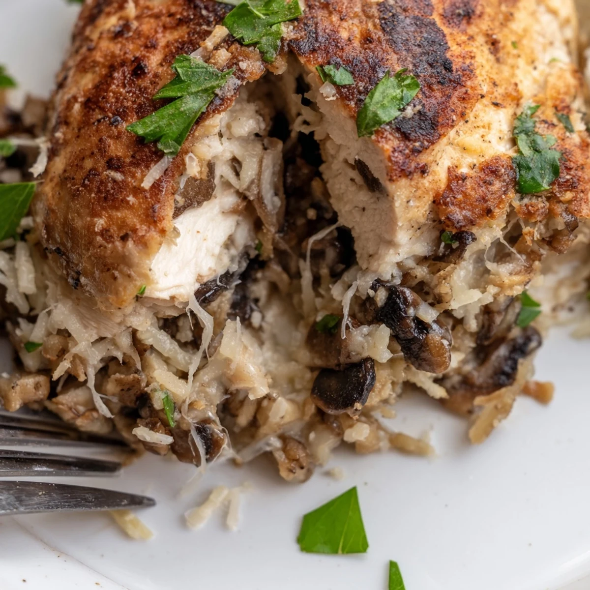 Golden seared mushroom stuffed chicken breast baked to juicy perfection with herbs