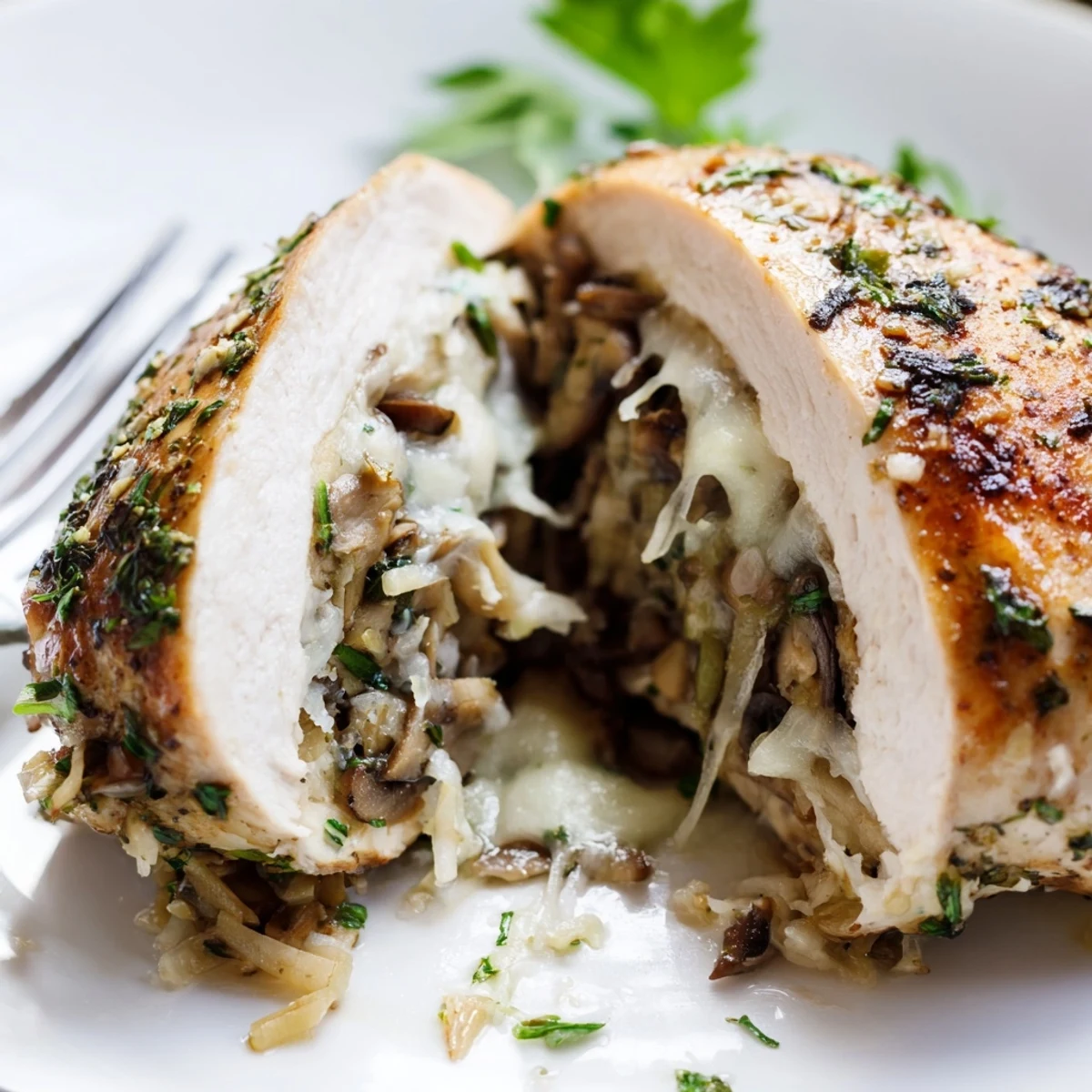 Savory mushroom stuffed chicken breast with melted cheese and fresh parsley garnish