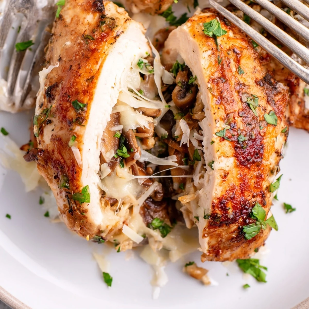 Succulent mushroom stuffed chicken breast sliced open revealing savory filling and herbs