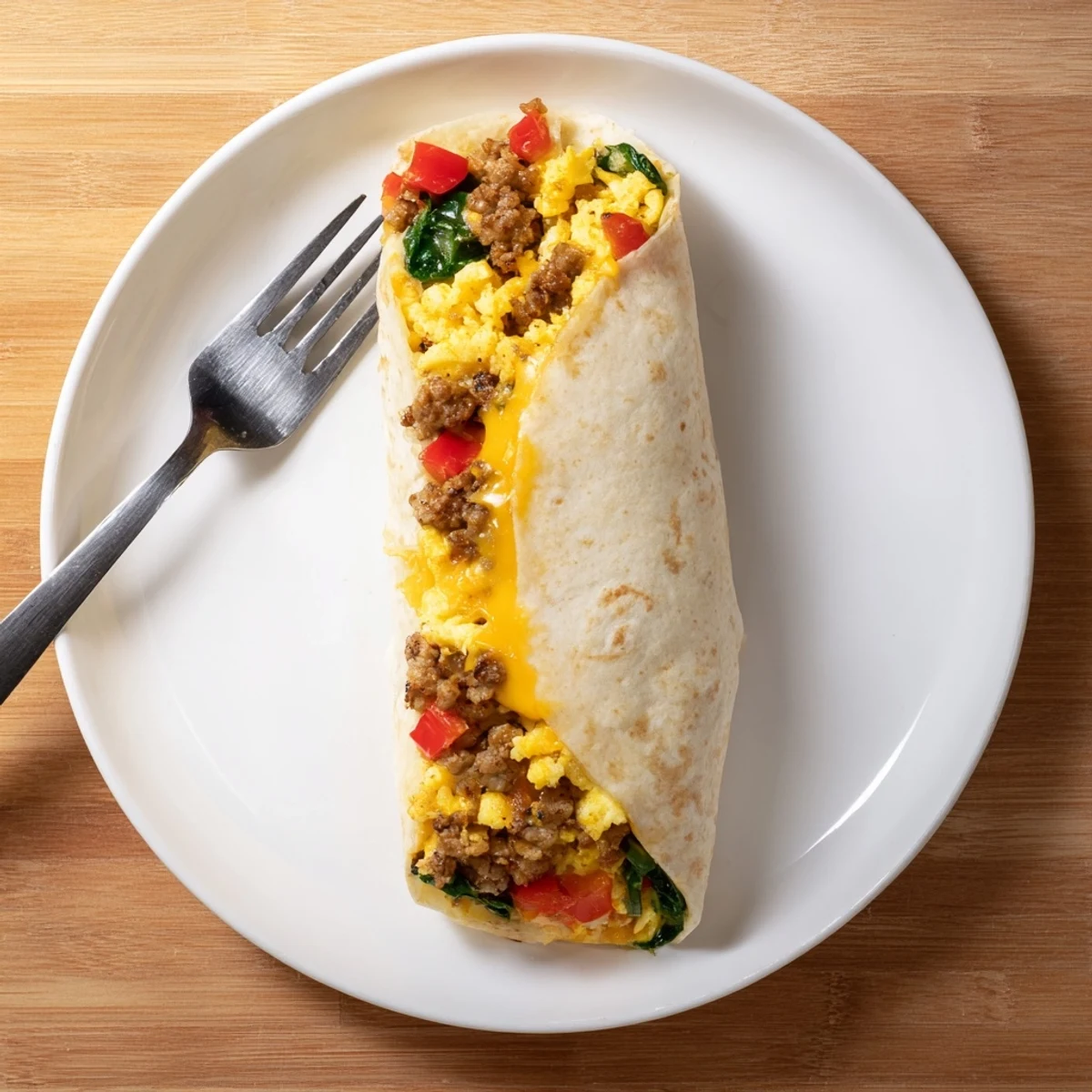 Golden make-ahead breakfast burritos filled with fluffy scrambled eggs, melted cheddar, and savory sausage