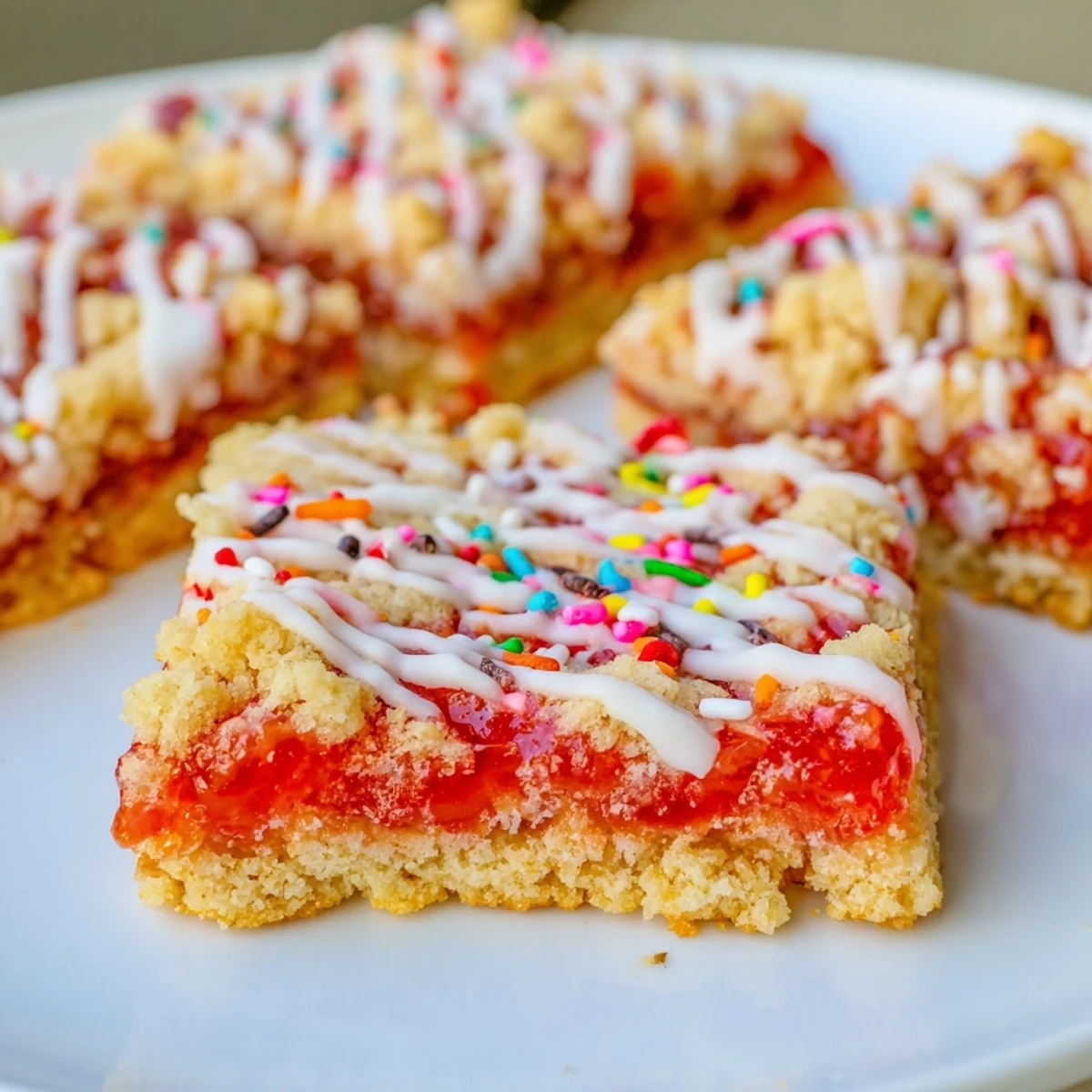 Golden homemade Poptart cookie bars topped with white glaze and rainbow sprinkles