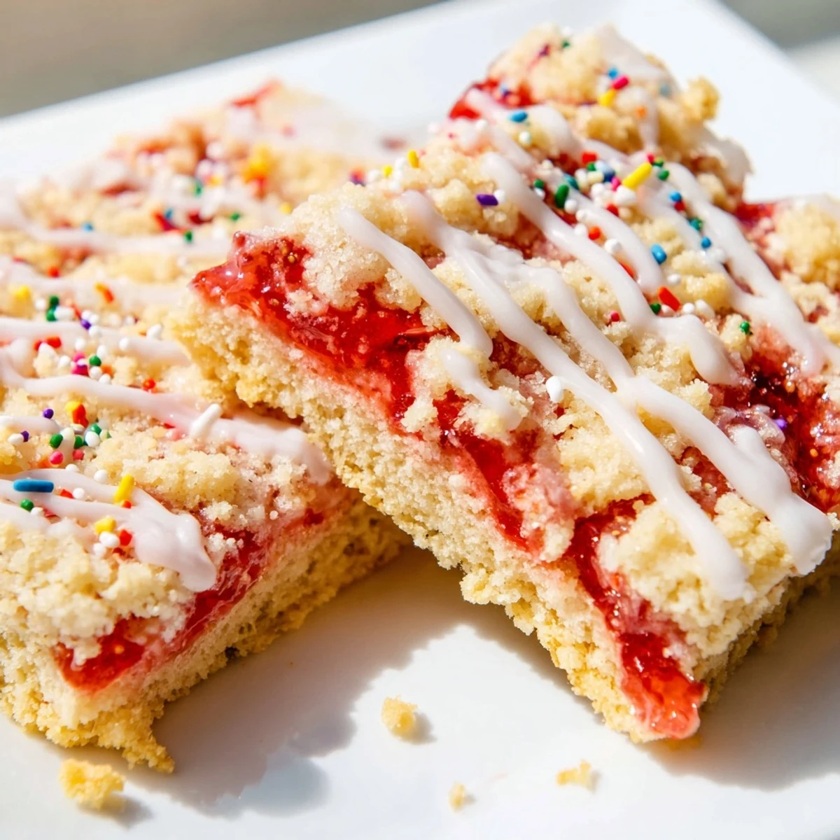 Nostalgic Poptart cookie bars with fruity jam center and sweet vanilla frosting