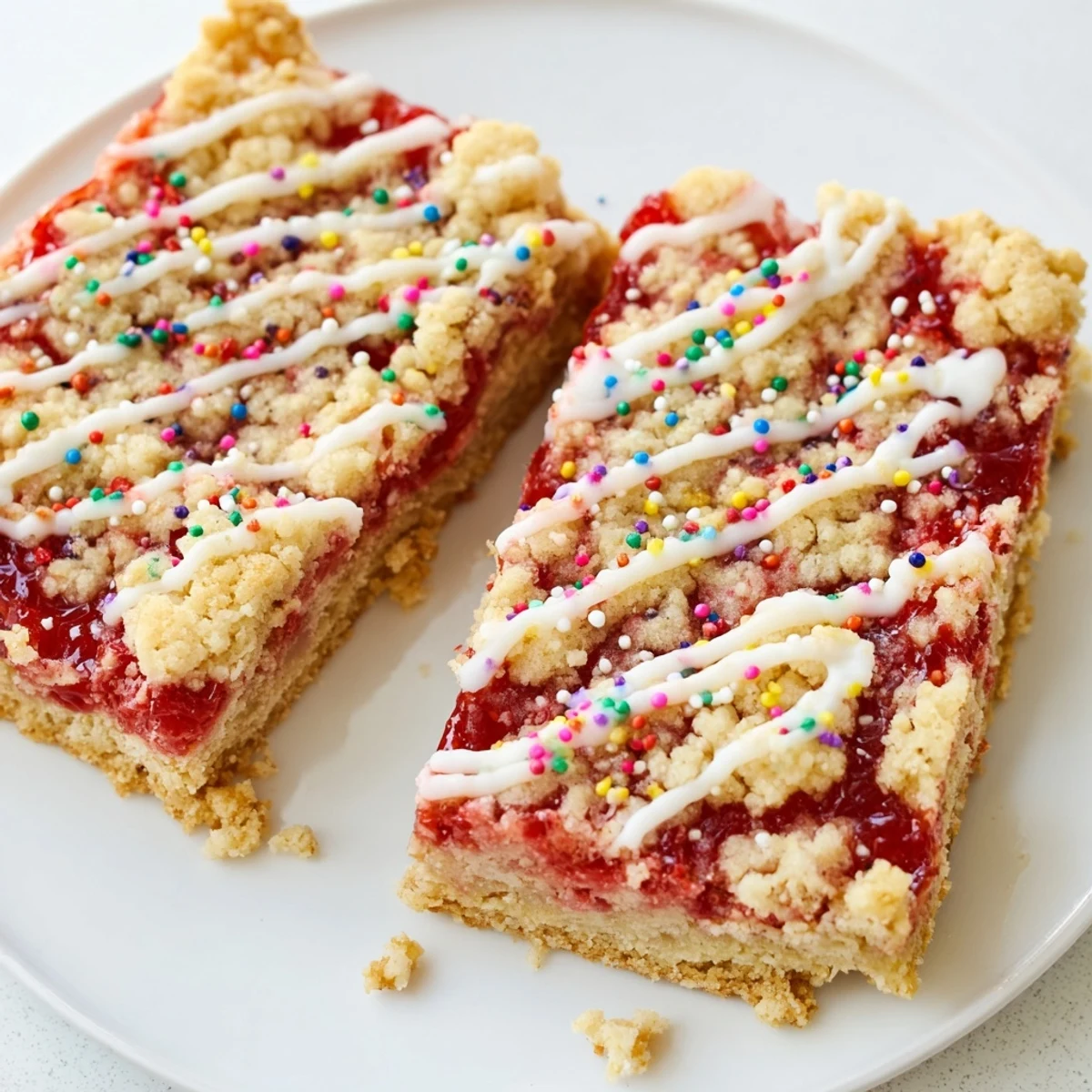 Square dessert bars with strawberry jam filling and crumbled sugar cookie crust
