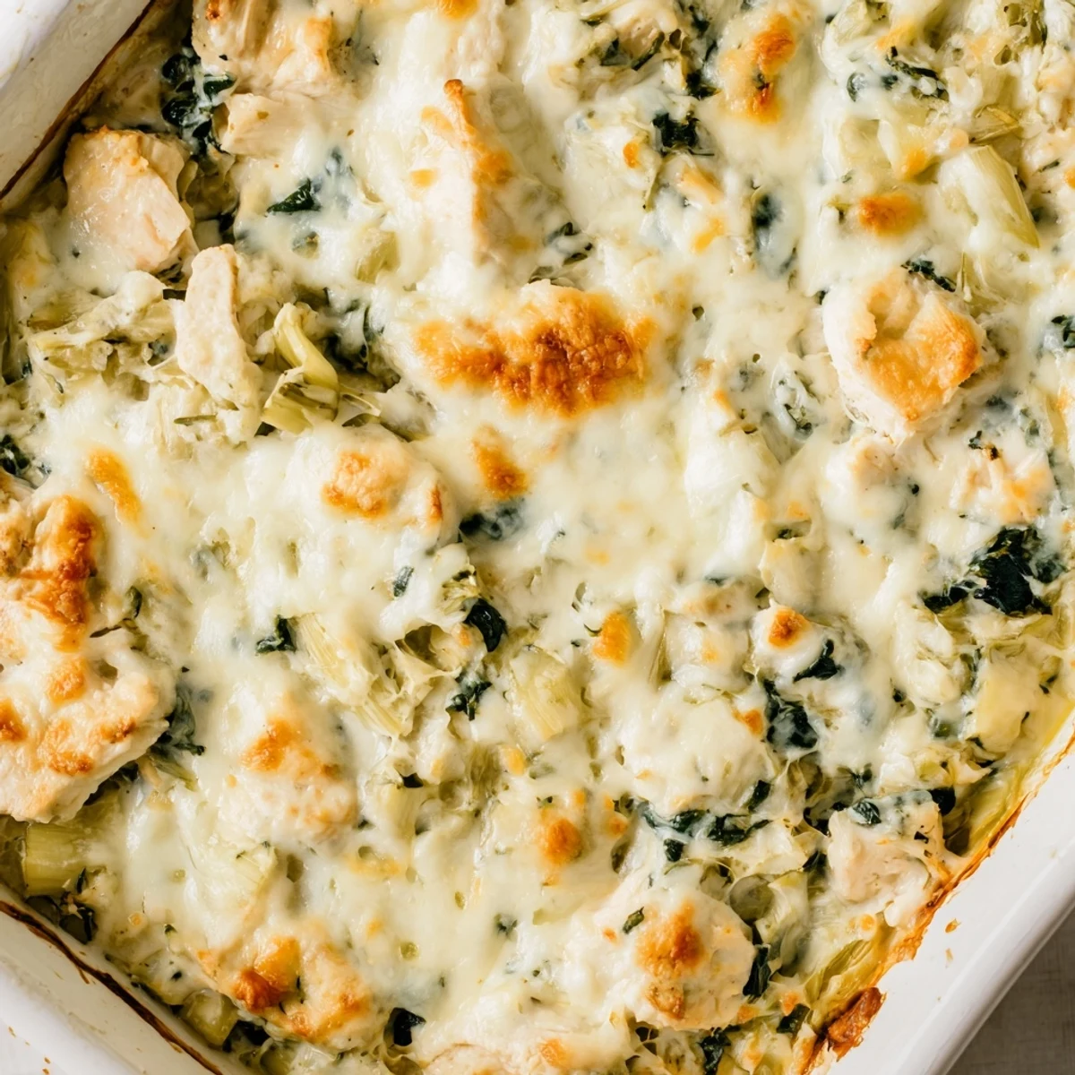 Golden bubbly spinach and artichoke chicken bake fresh from the oven with melted cheese topping