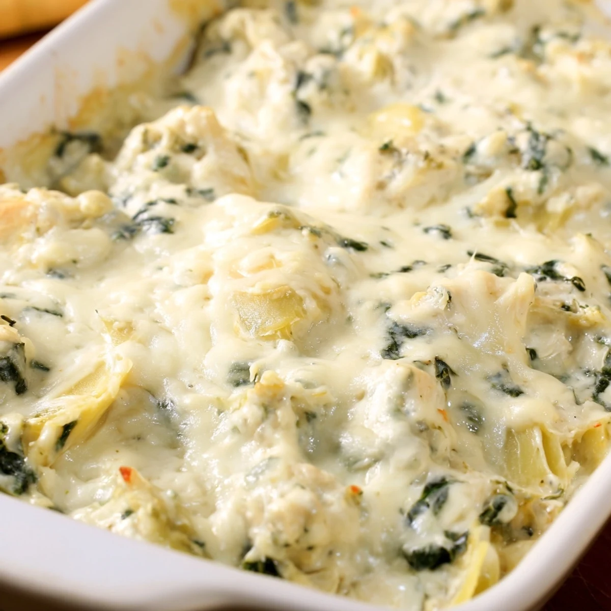 Creamy spinach artichoke chicken casserole served on a white plate with fresh parsley garnish