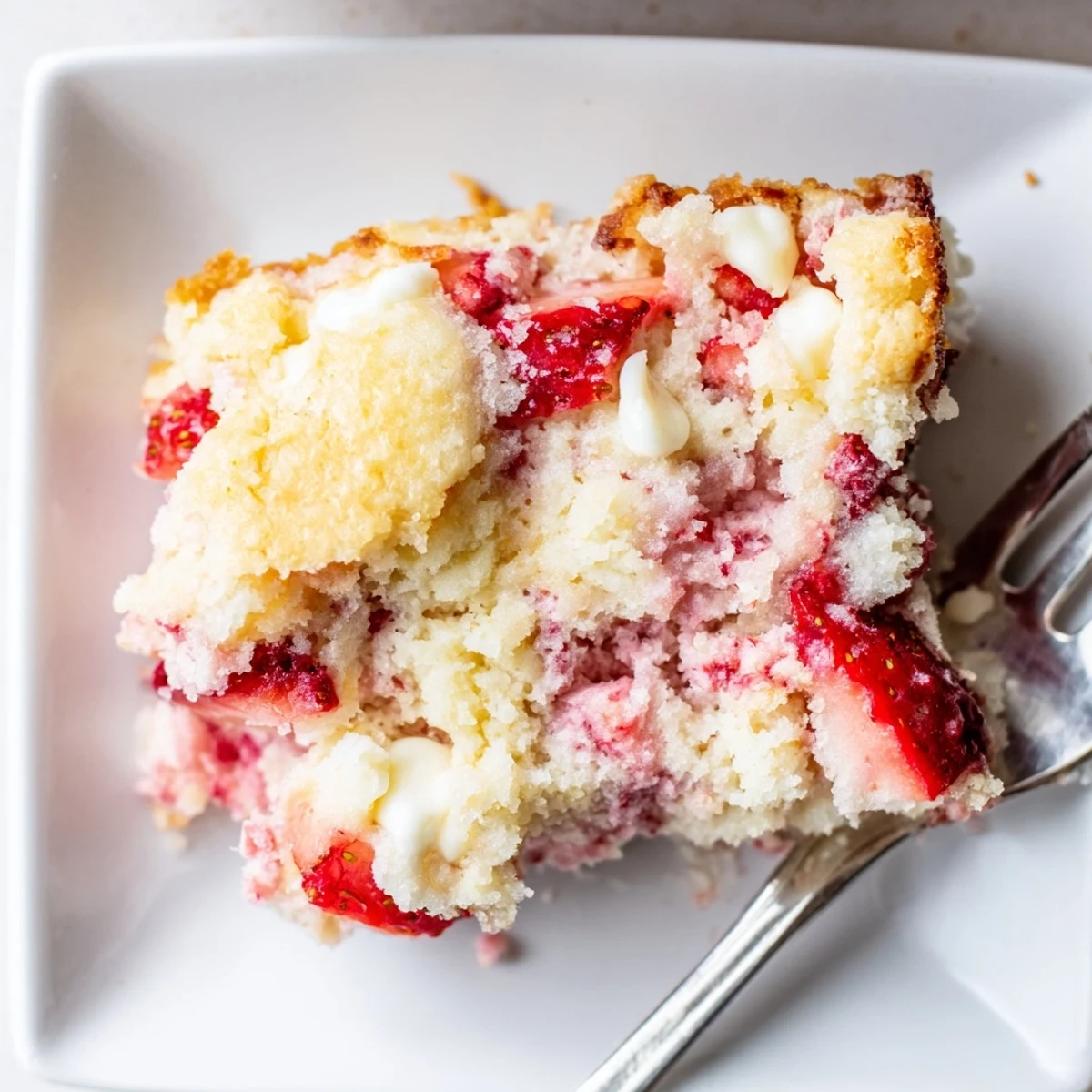 Slice of strawberry earthquake cake showing melted white chocolate and moist strawberry crumb interior