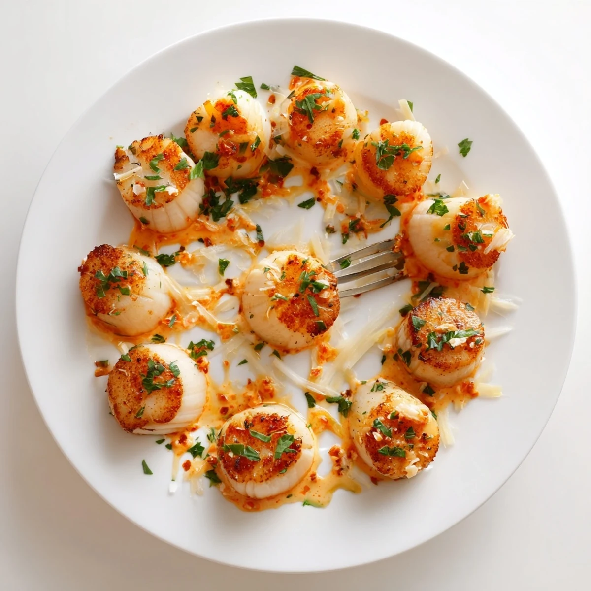 Golden brown seared scallops resting in spicy Cajun cream sauce with fresh parsley garnish