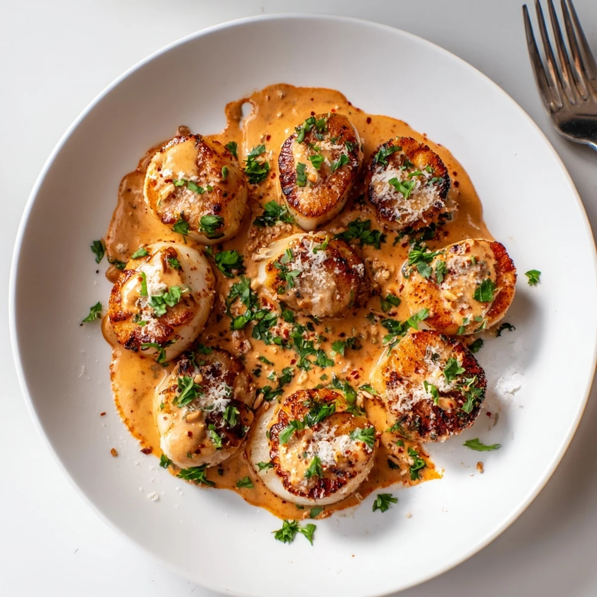 Perfectly seared scallops drizzled with rich creamy Cajun sauce on white dinner plate