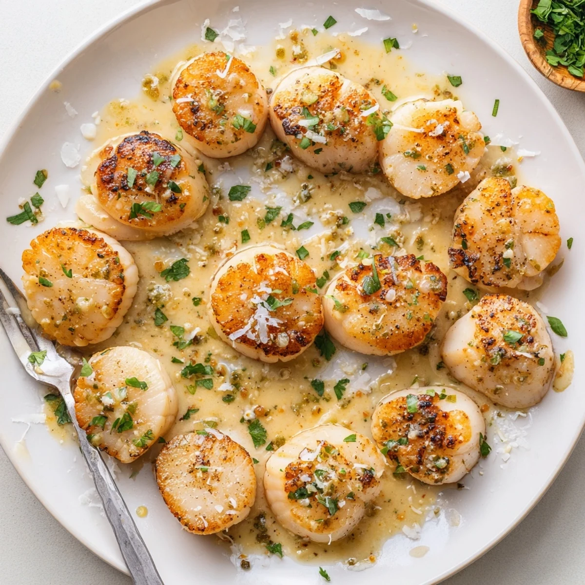 Pan seared scallops topped with spicy Cajun cream sauce and Parmesan in iron skillet