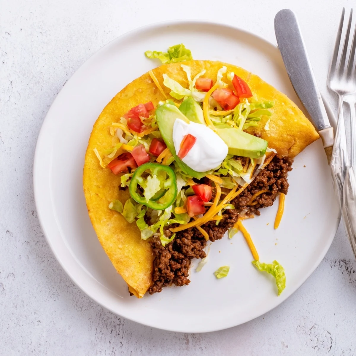 Golden keto crunchwrap cut in half revealing seasoned beef, melted cheddar, fresh lettuce, and creamy layers inside