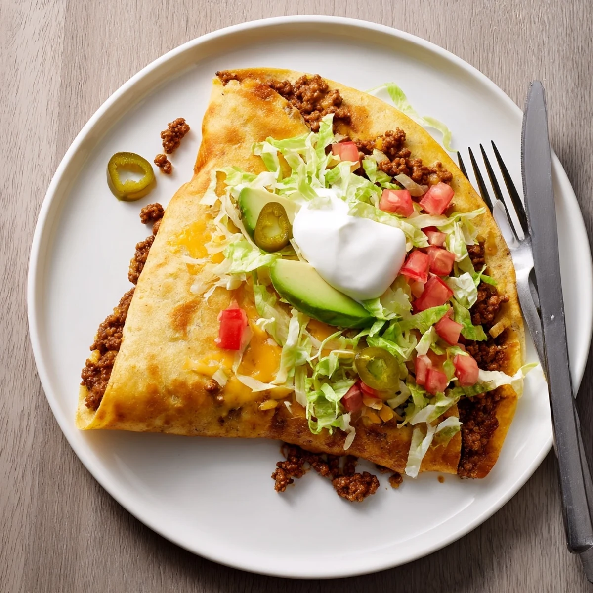 Crispy low-carb crunchwrap skillet-fried to perfection with taco-seasoned ground beef, cheese, tomatoes, and cool sour cream
