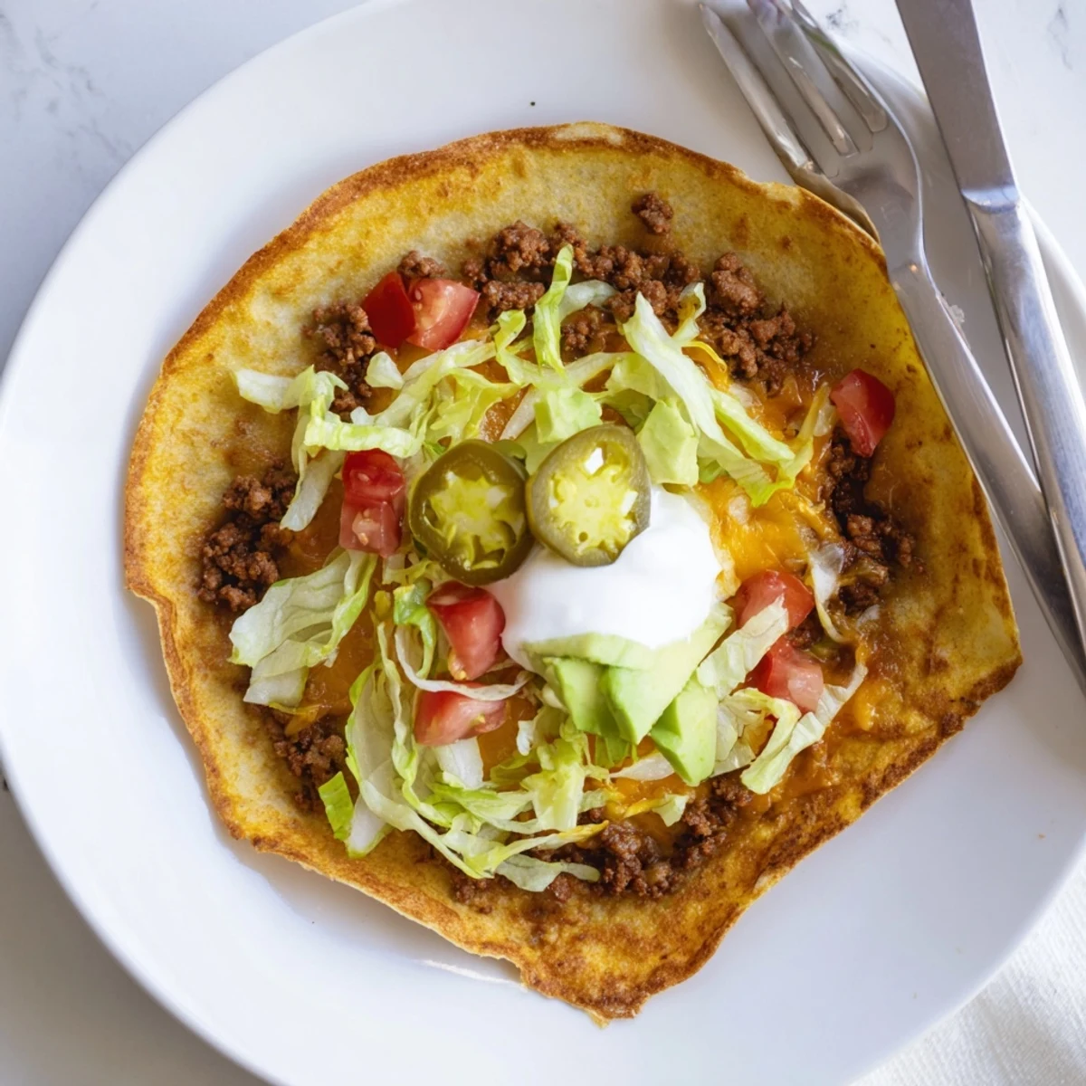 Homemade keto crunchwrap featuring almond flour tortilla folded around savory beef, avocado, jalapeños, and shredded cheese toppings
