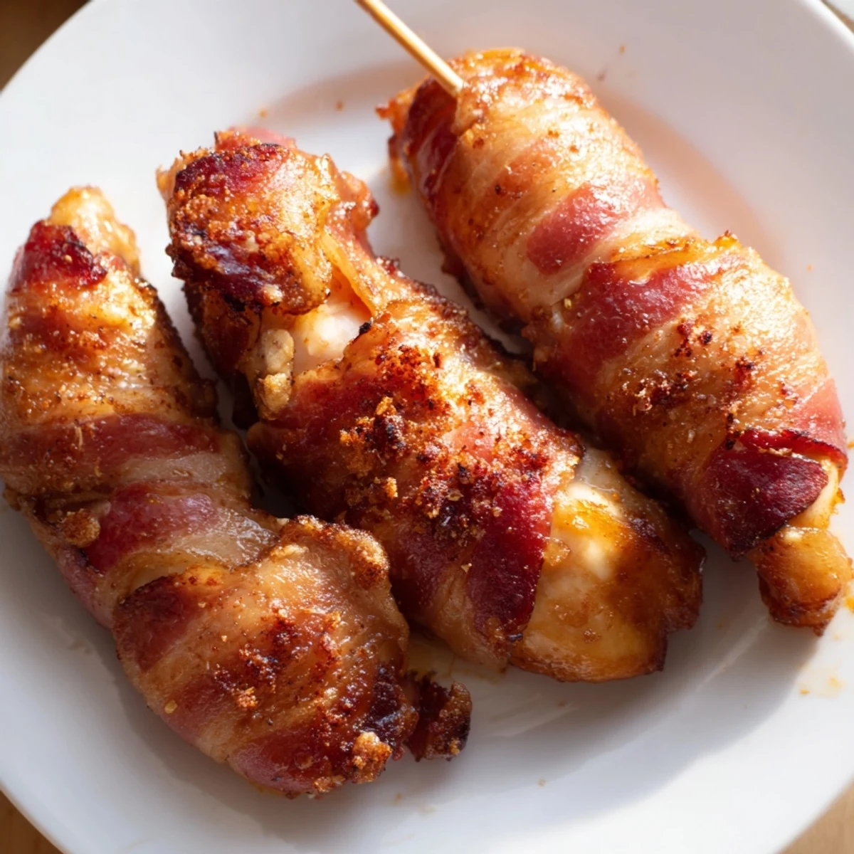 Crispy bacon brown sugar chicken tenders fresh from the oven with caramelized coating