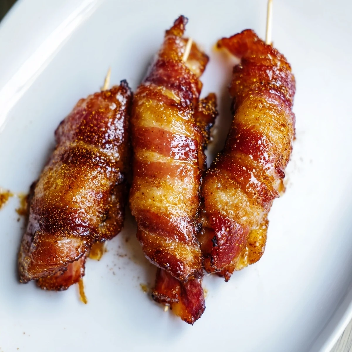 Golden brown bacon wrapped chicken tenders coated in sweet brown sugar mixture on wire rack