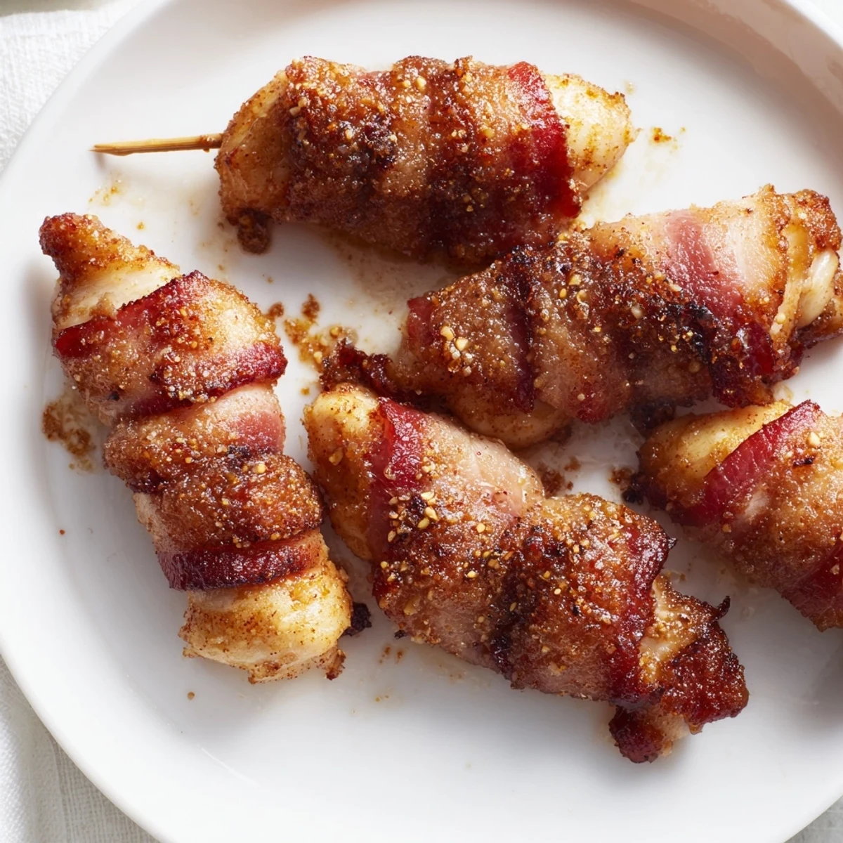 Plate of bacon brown sugar chicken tenders with crispy edges and juicy interior ready to serve