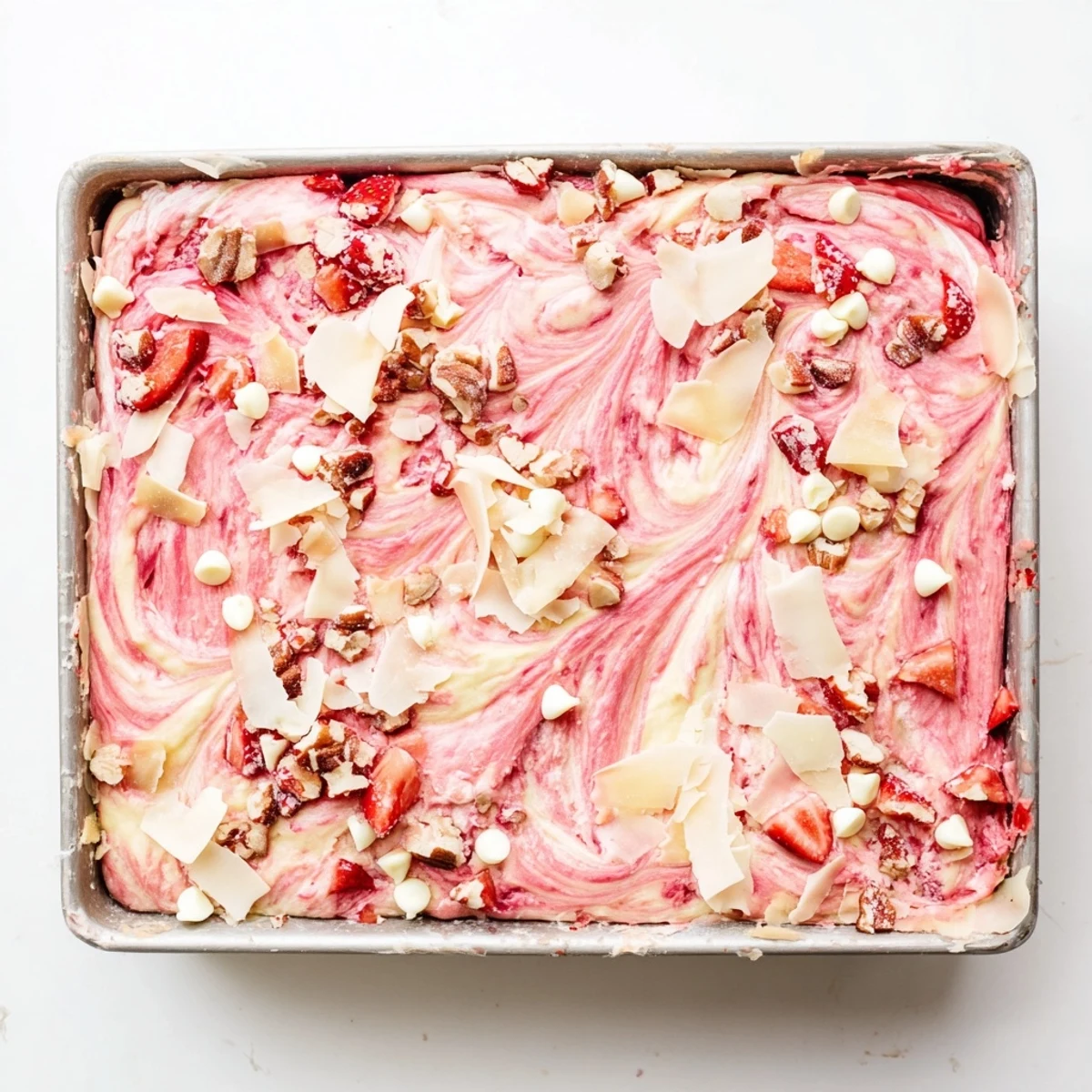 Decadent Strawberry Earthquake Cake topped with white chocolate chips and chopped pecans