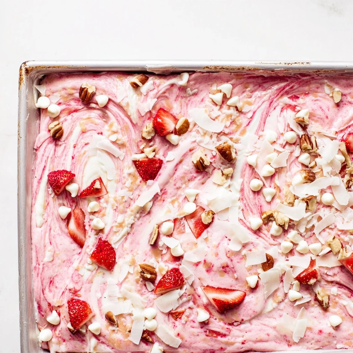 Strawberry Earthquake Cake with marbled cream cheese swirls and fresh strawberry chunks