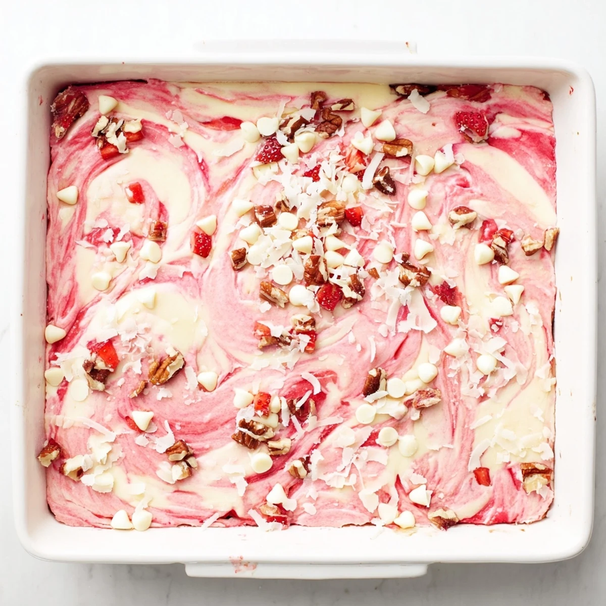 Warm slice of Strawberry Earthquake Cake showing creamy vanilla and strawberry layers
