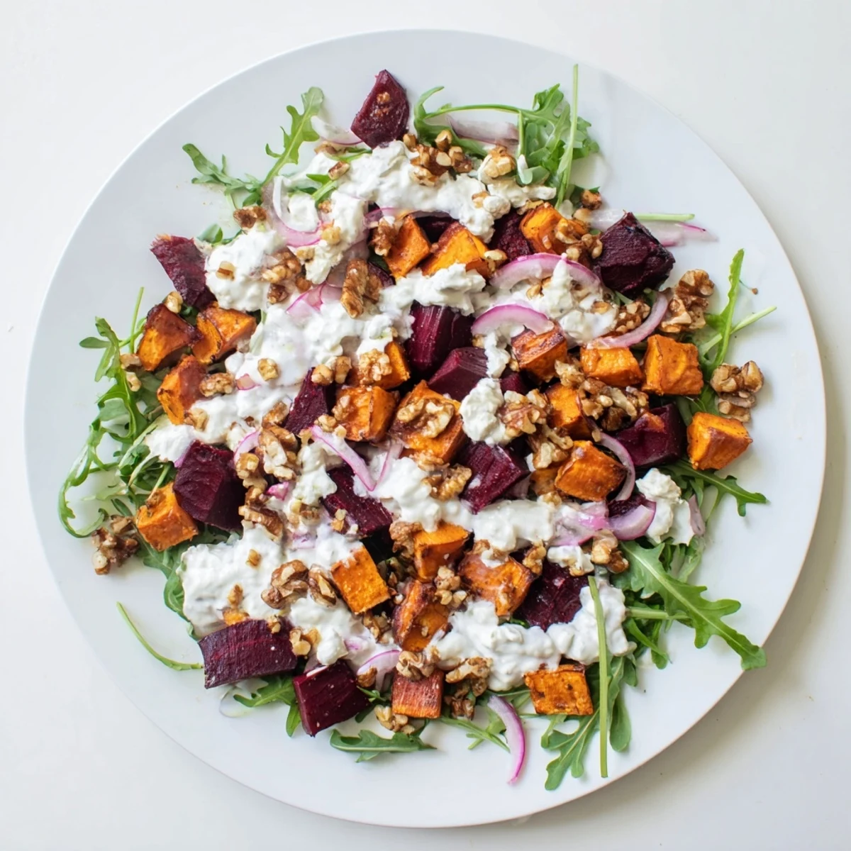 Vibrant creamy roasted beet salad with sweet potato cubes, tangy feta cheese, and walnuts drizzled with luscious yogurt dressing