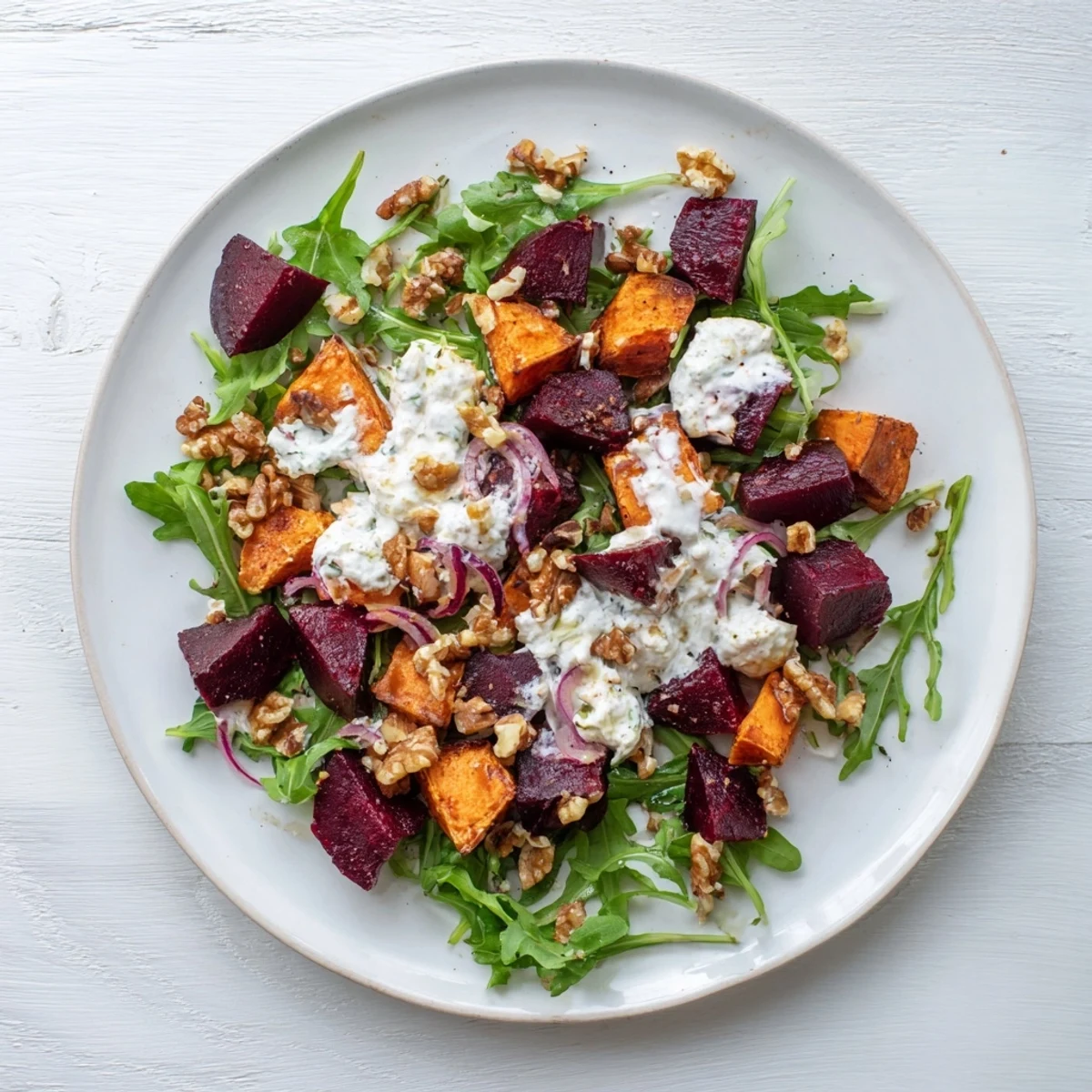 Colorful vegetarian salad platter featuring roasted beets and sweet potatoes with creamy feta and honey yogurt dressing