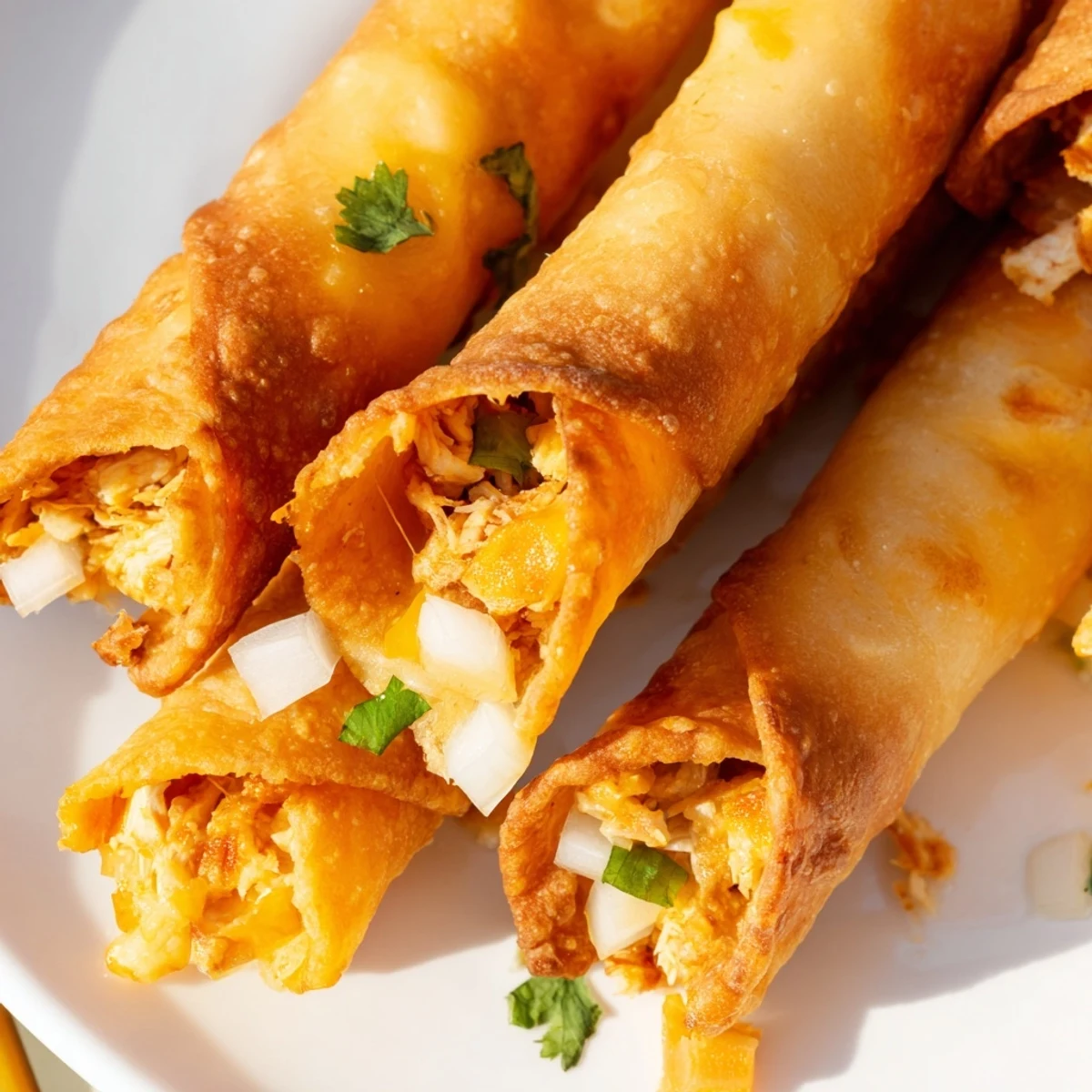 Golden brown crispy chicken taquitos filled with melted cheese and savory spices