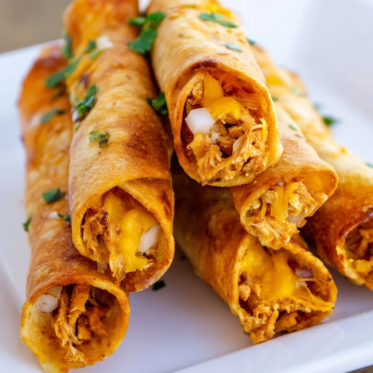 Plate of crispy chicken taquitos served with fresh guacamole salsa and sour cream