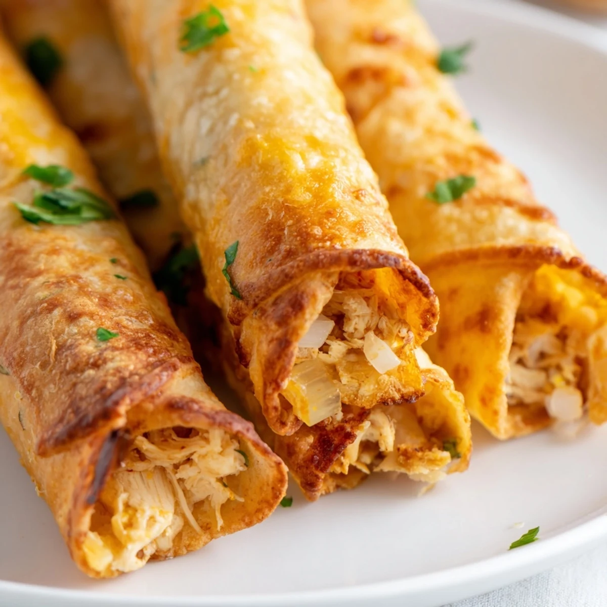 Baked chicken taquitos with seasoned shredded chicken filling rolled in crunchy corn tortillas