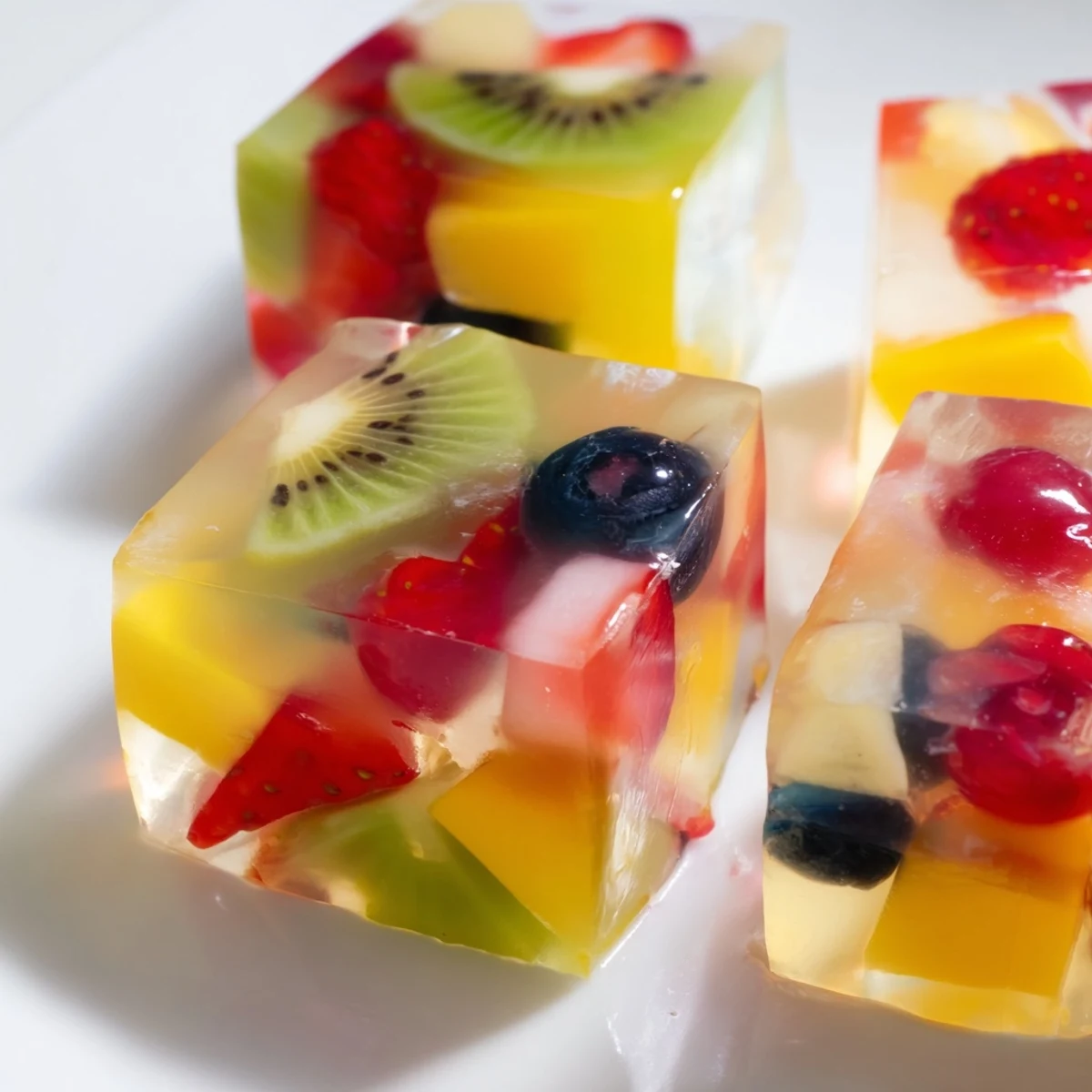 Colorful agar agar fruit jelly cube featuring vibrant strawberries kiwi and mango suspended in clear gelatin