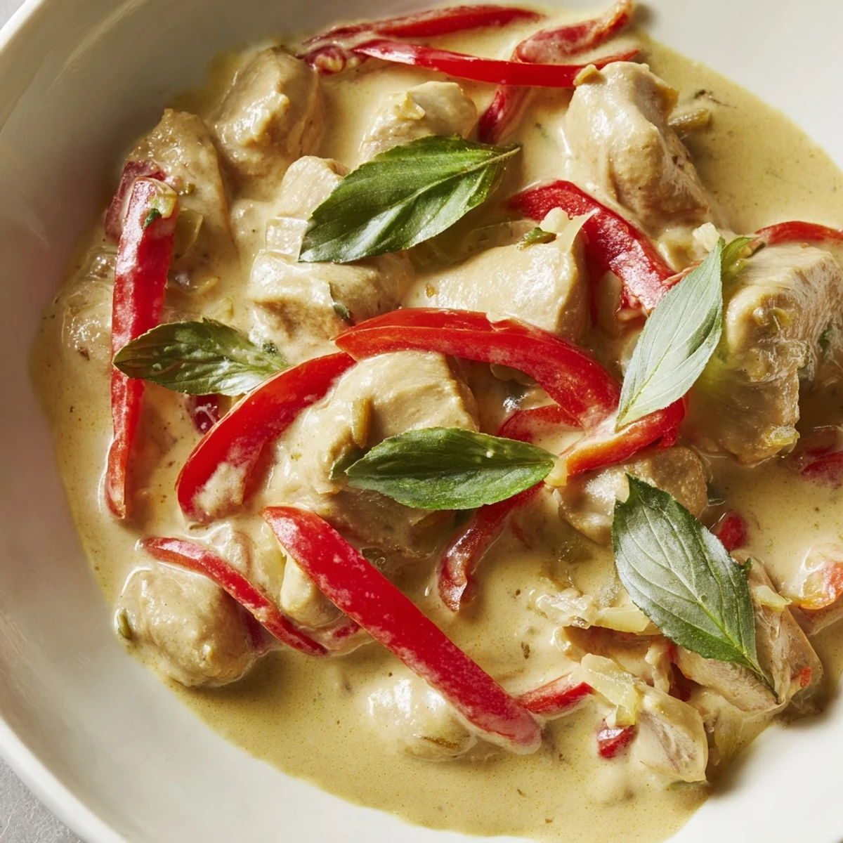 Golden basil chicken pieces swimming in rich, aromatic coconut curry sauce with vibrant red pepper slices