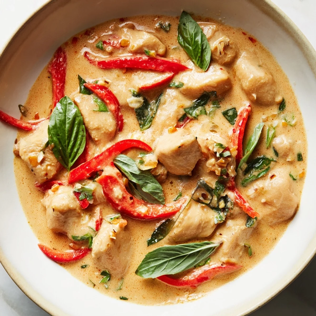 Creamy Thai-inspired basil chicken curry served in a bowl over fluffy white jasmine rice with fresh basil garnish