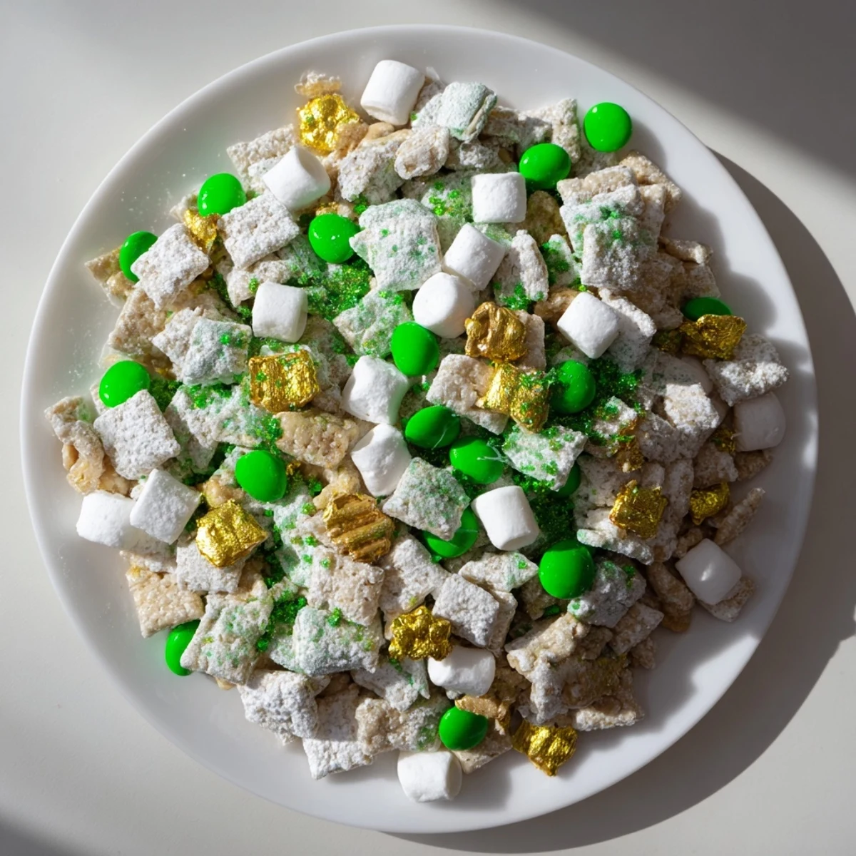 Sweet and crunchy puppy chow recipe topped with green M&Ms, mini marshmallows, and gold coin chocolates