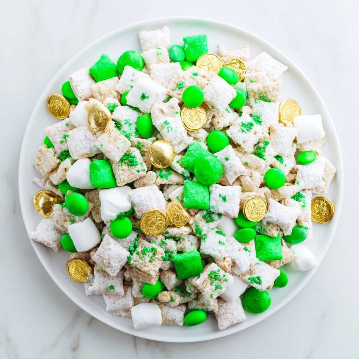 White chocolate coated cereal snack mix sprinkled with festive green and red candies for St. Patricks Day
