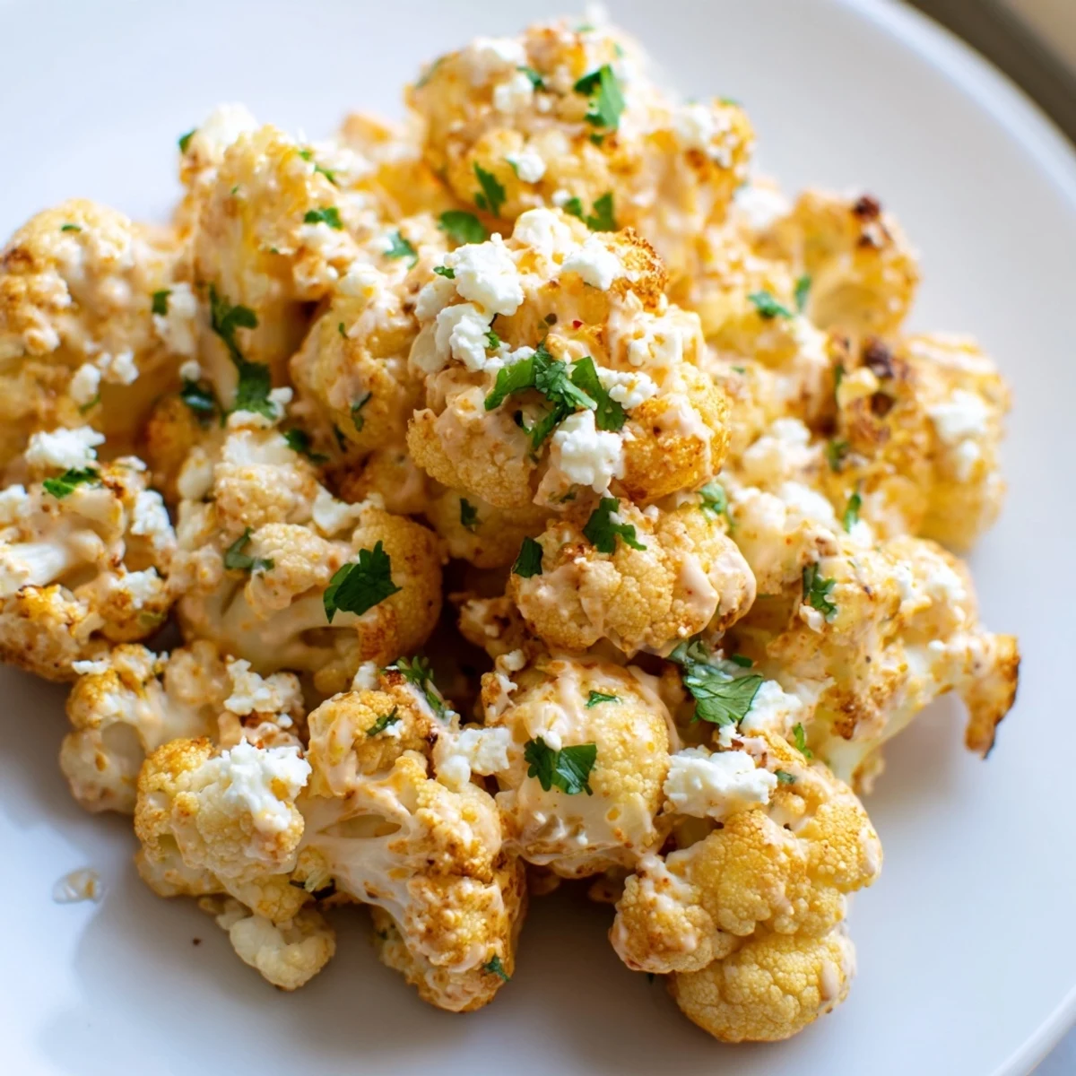 Golden roasted cauliflower florets coated in creamy elote sauce topped with crumbly white cotija cheese and fresh green cilantro