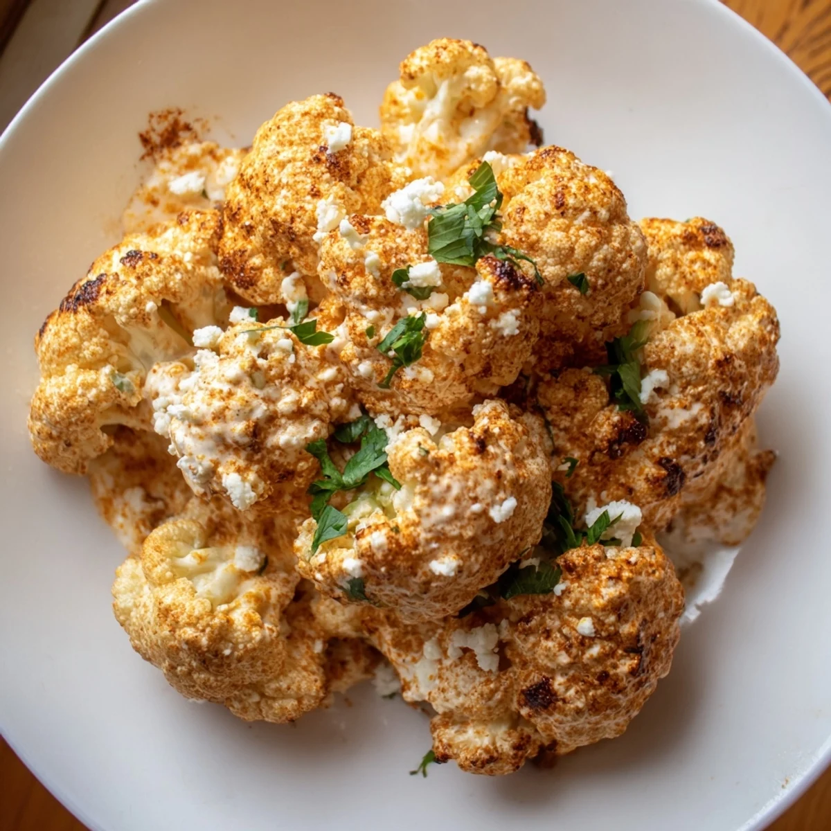 Roasted Cauliflower Elote drizzled with tangy lime mayo sauce and sprinkled with chili powder and cotija