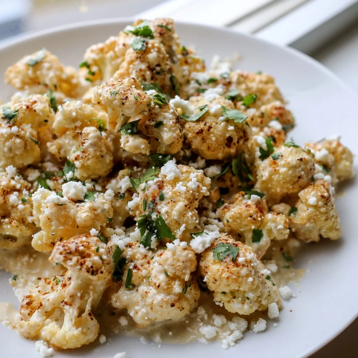 Creamy Cauliflower Elote bowl featuring roasted florets tossed in smoky spices and garnished with zesty lime wedges